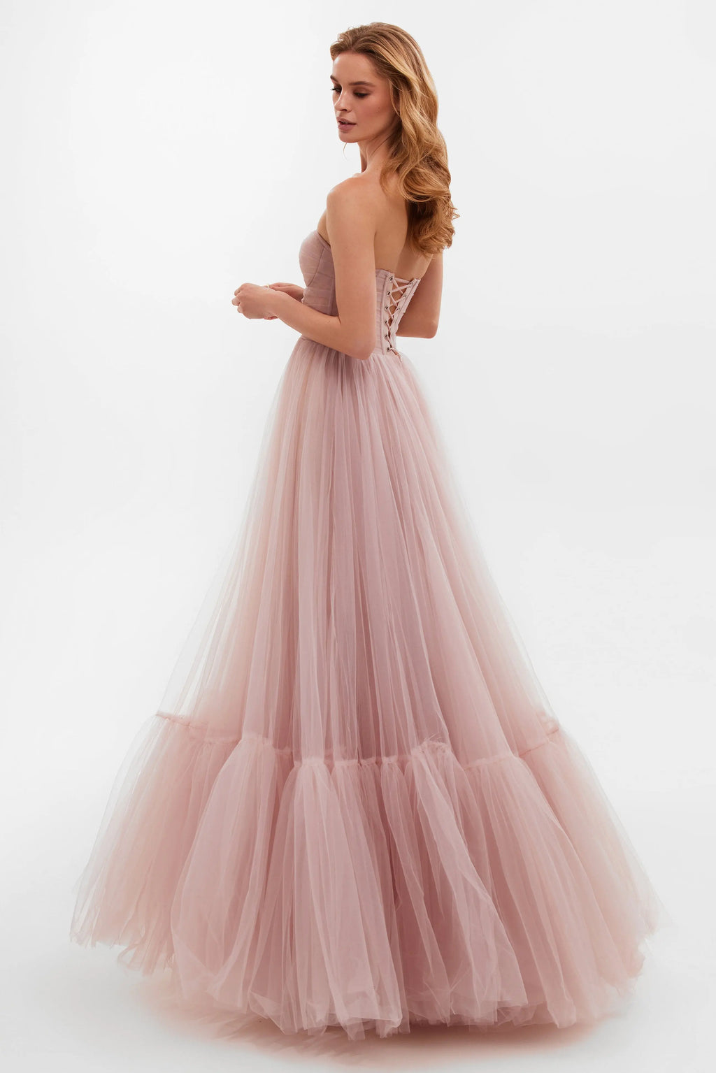 Misty Rose Sheer Sleeves Maxi Tulle Dress Avalabel