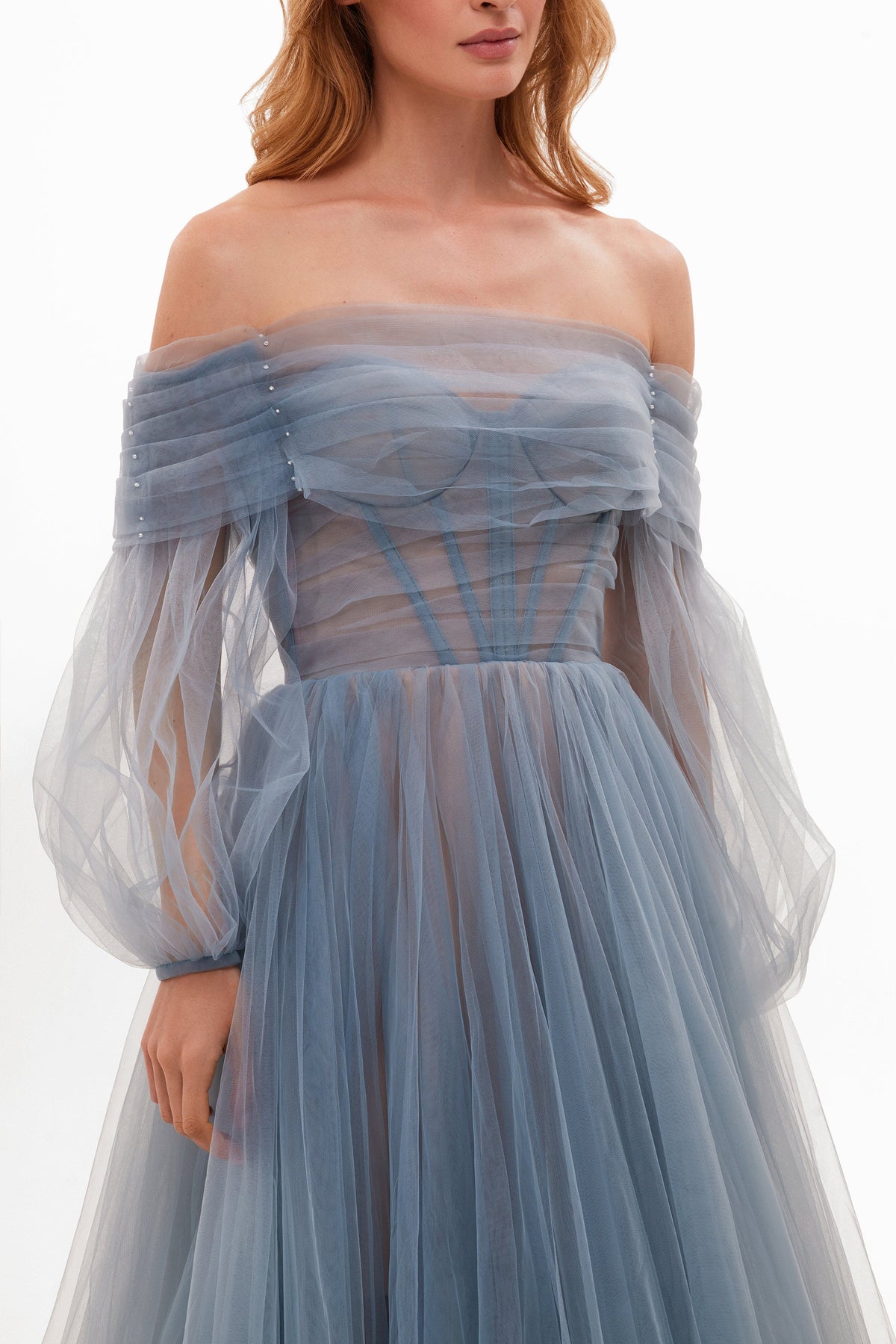 Ocean Wave Sheer Sleeves Maxi Tulle Dress Avalabel