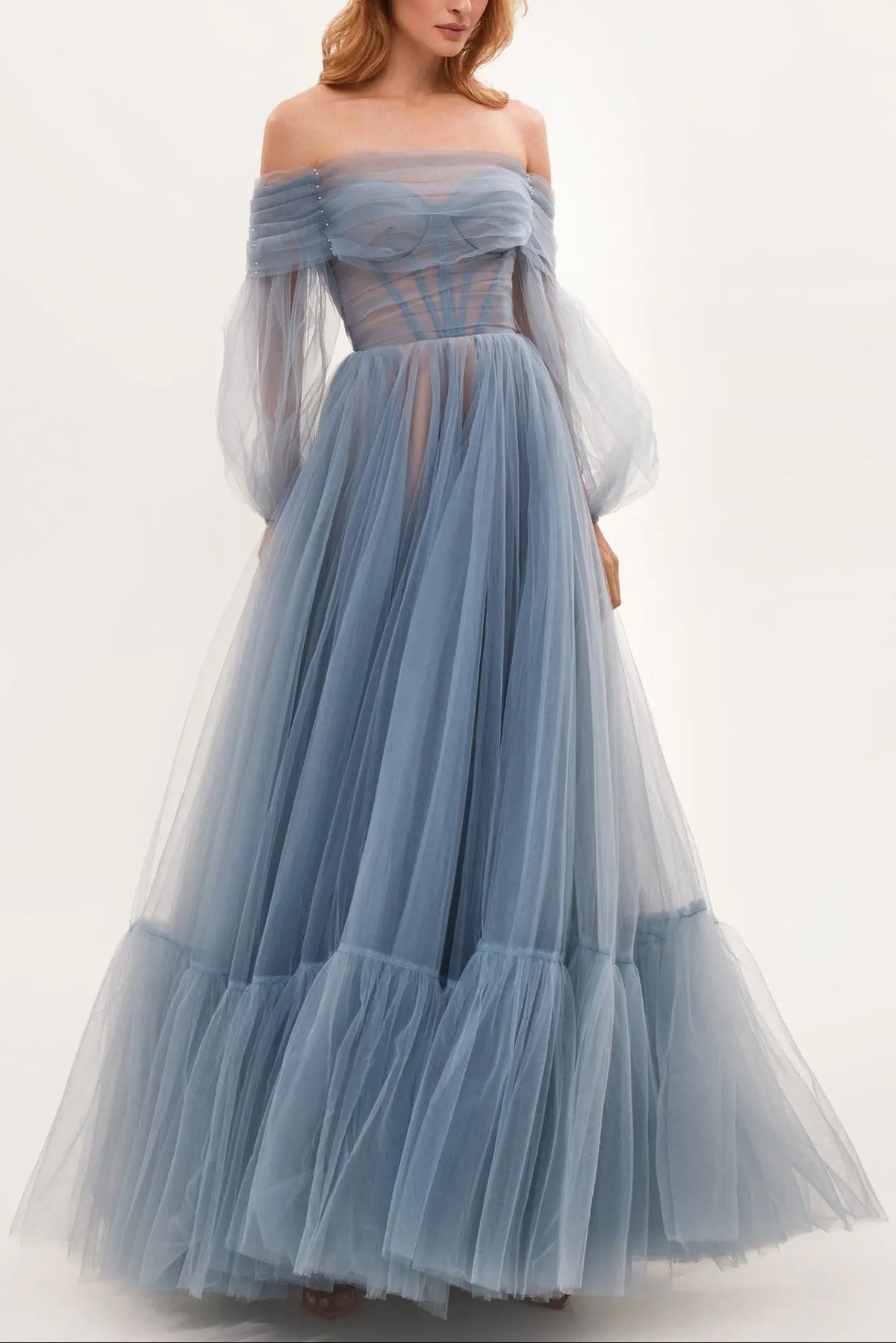 Ocean Wave Sheer Sleeves Maxi Tulle Dress Avalabel
