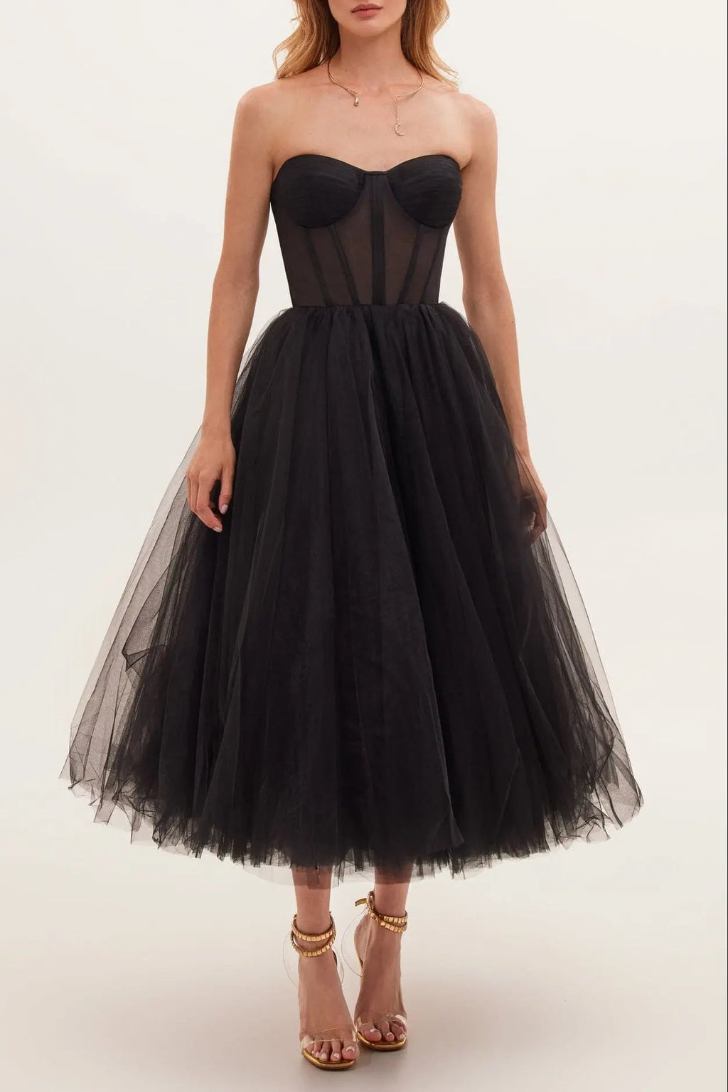 Black Strapless Puffy Midi Tulle Dress Avalabel