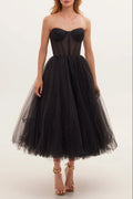 Black Strapless Puffy Midi Tulle Dress Avalabel