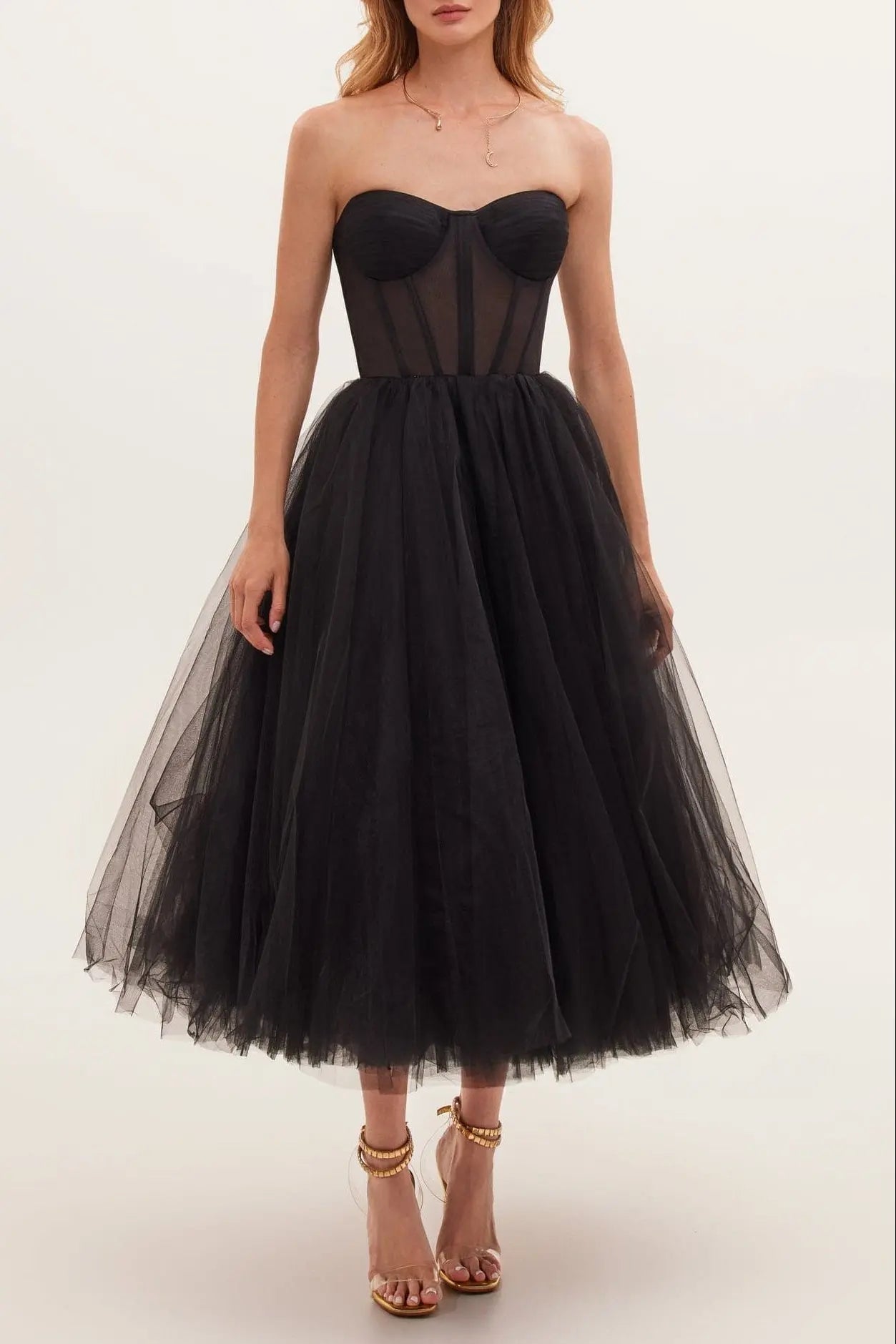 Black Strapless Puffy Midi Tulle Dress Avalabel