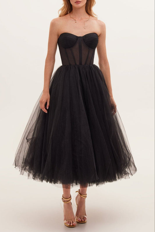 Black Strapless Puffy Midi Tulle Dress