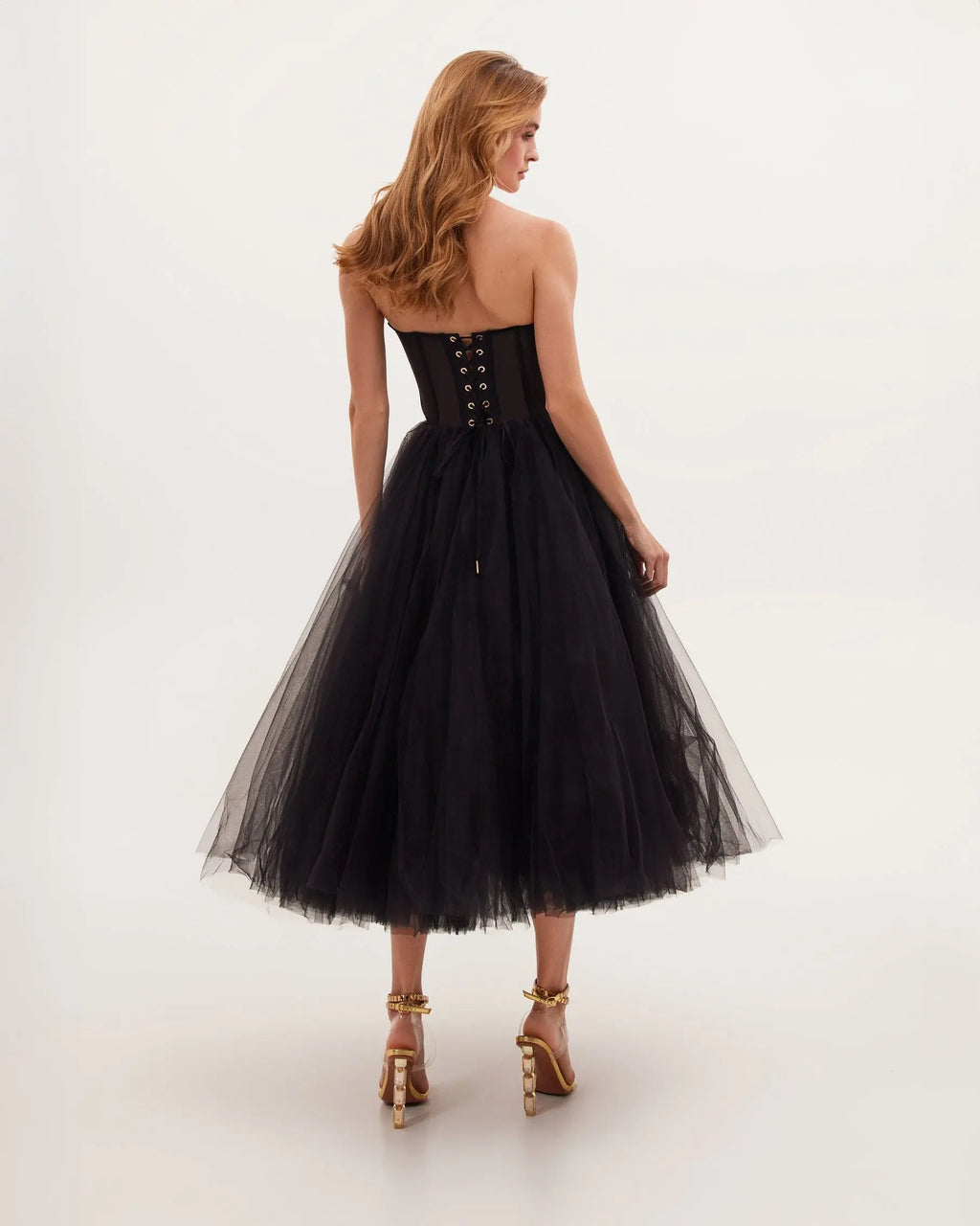 Black Strapless Puffy Midi Tulle Dress Avalabel