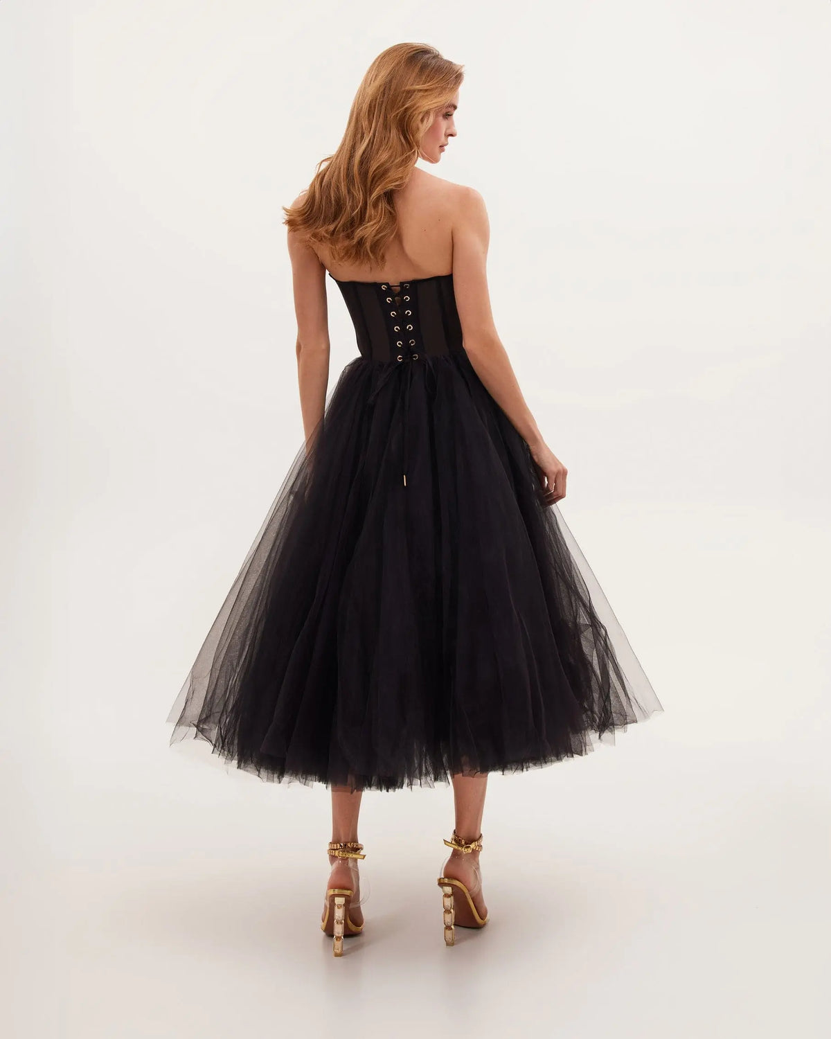 Black Strapless Puffy Midi Tulle Dress Avalabel