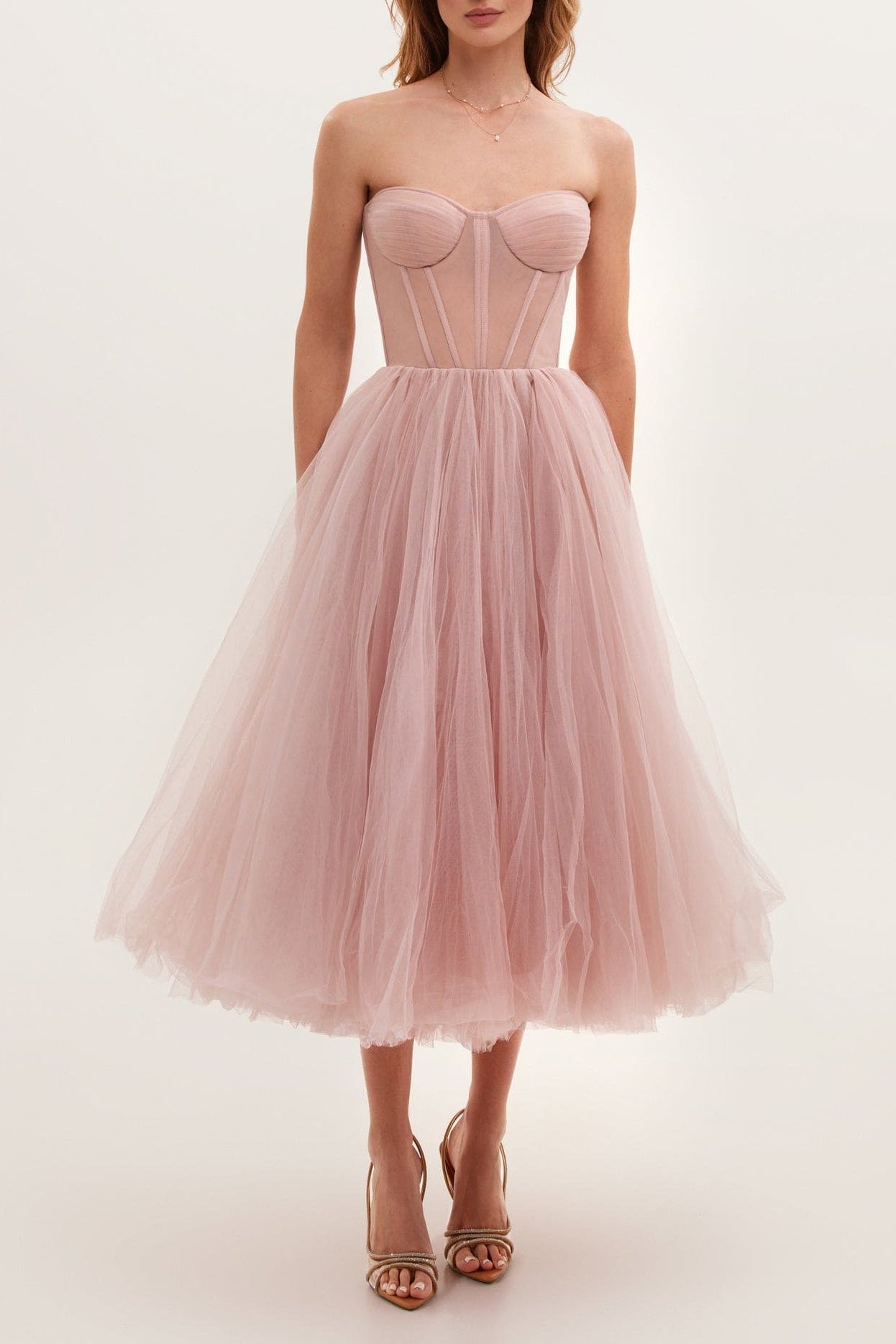 Misty Rose Strapless Puffy Midi Tulle Dress