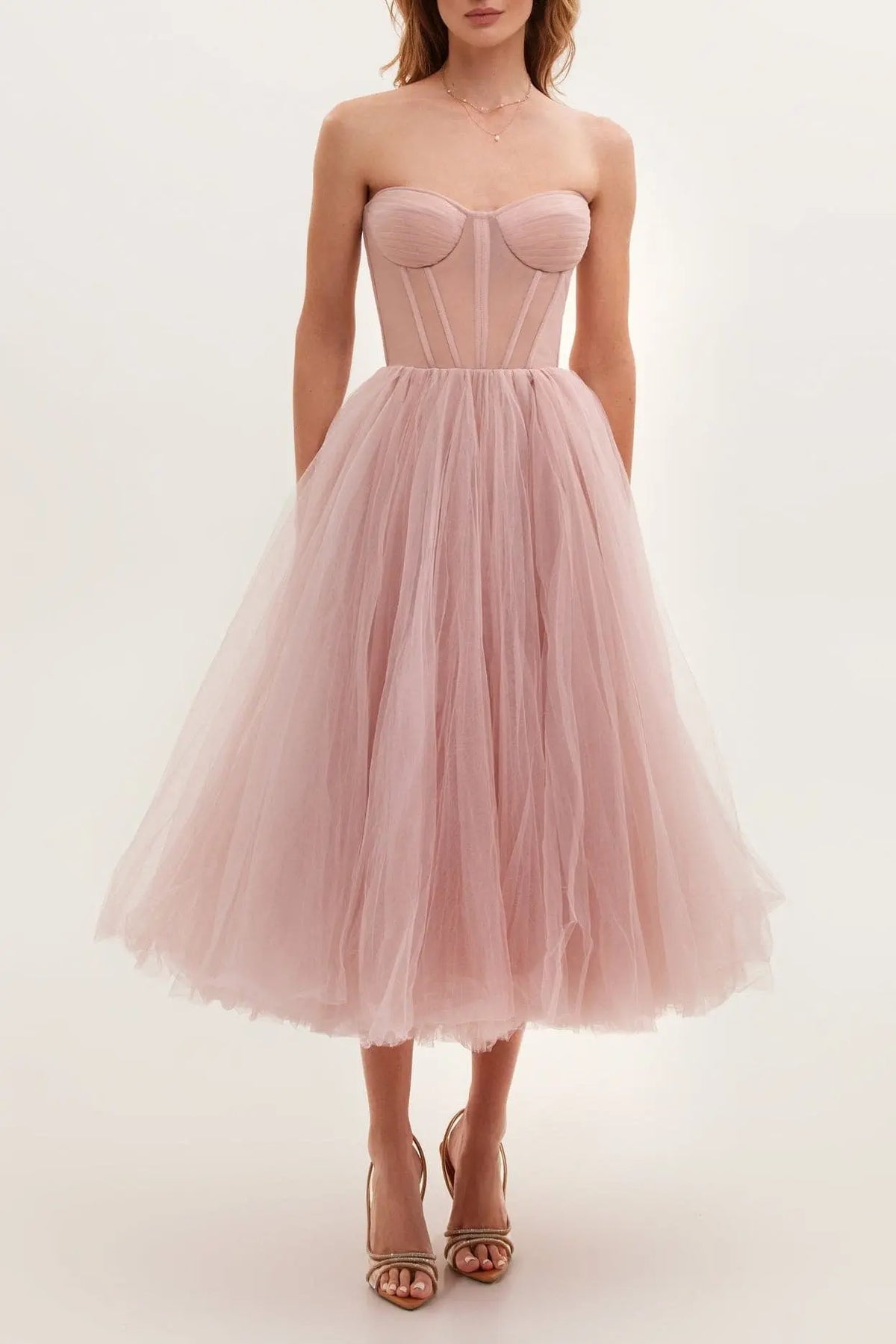Misty Rose Strapless Puffy Midi Tulle Dress Avalabel