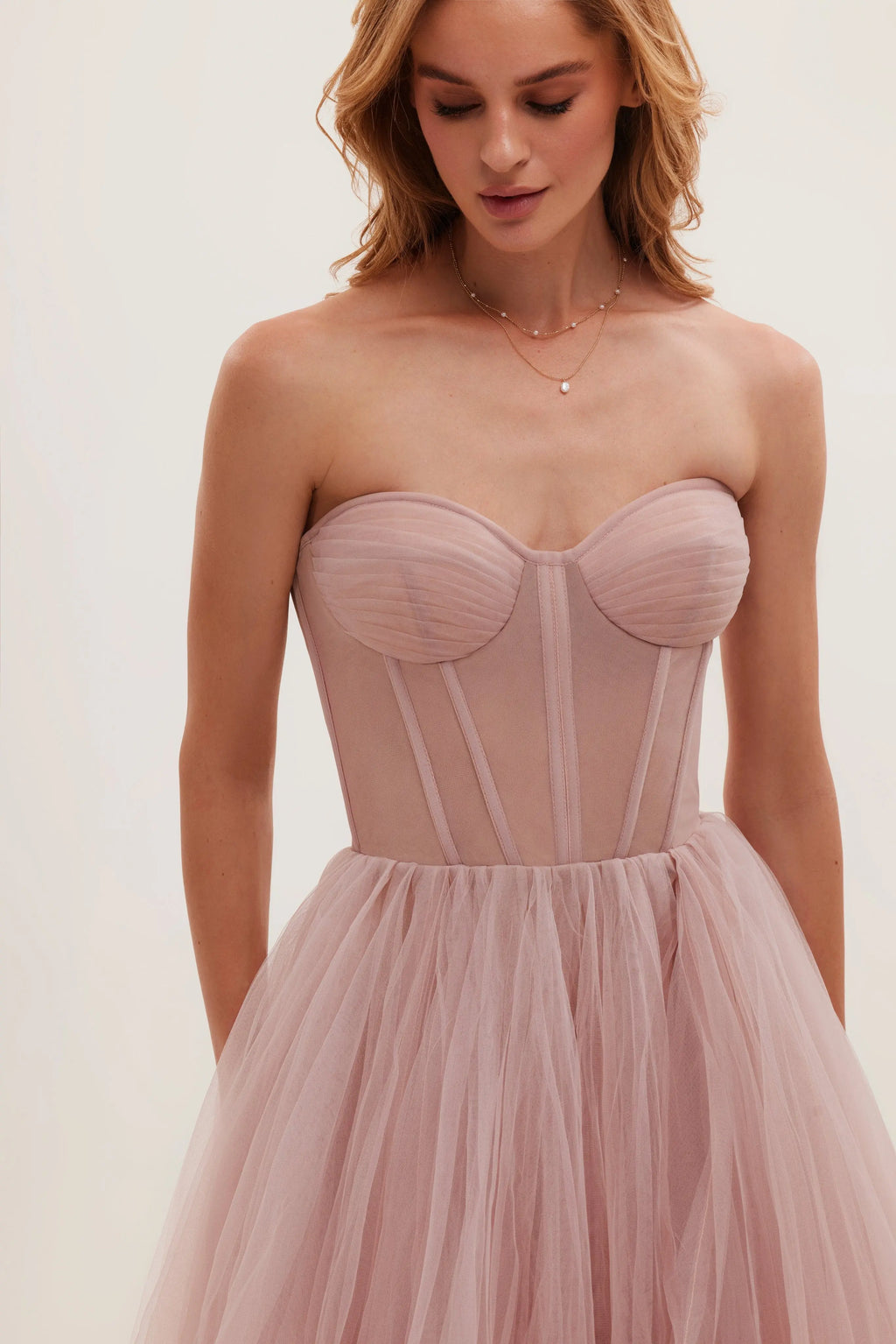Misty Rose Strapless Puffy Midi Tulle Dress Avalabel