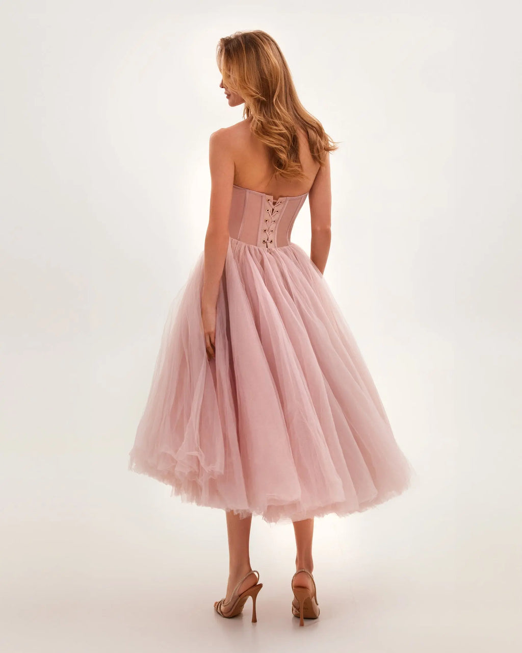 Misty Rose Strapless Puffy Midi Tulle Dress Avalabel