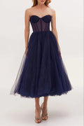 Navy Strapless Puffy Midi Tulle Dress Avalabel