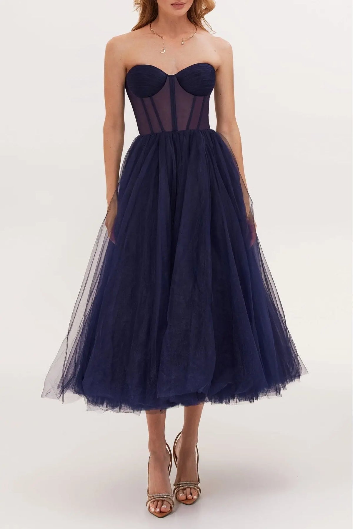 Navy Strapless Puffy Midi Tulle Dress Avalabel