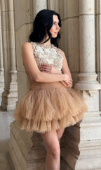 Ballerina |  Beige Tulle Mini Dress with 3D Applique Avalabel