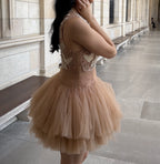 Ballerina |  Beige Tulle Mini Dress with 3D Applique Avalabel