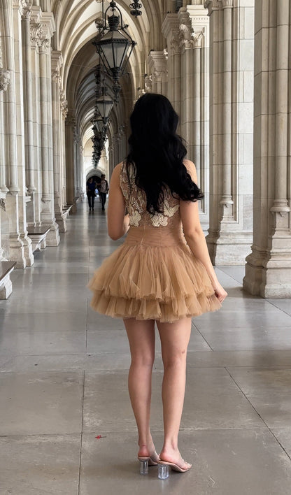 Ballerina |  Beige Tulle Mini Dress with 3D Applique