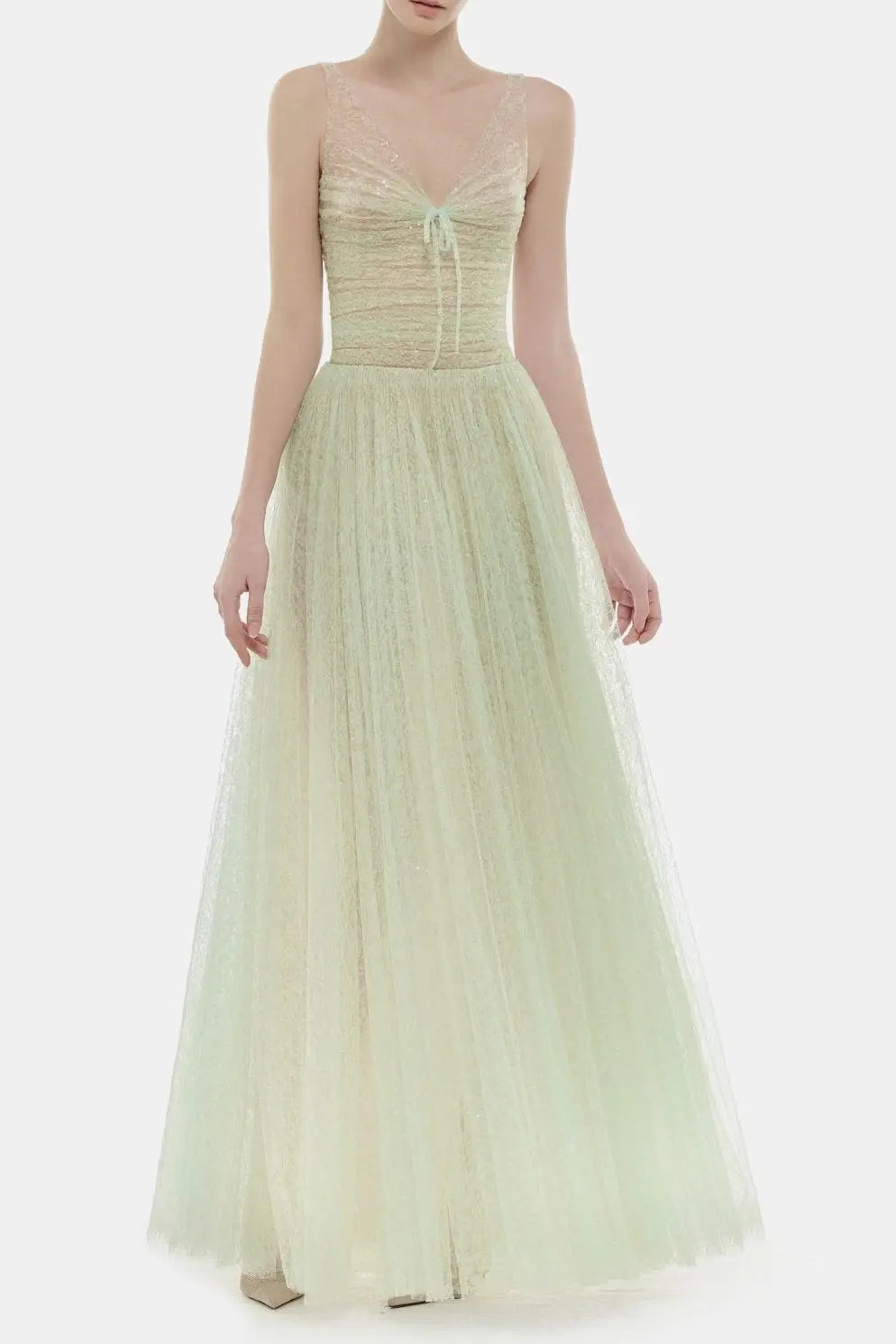monica mint draped tulle fishbone maxi dress Avalabel