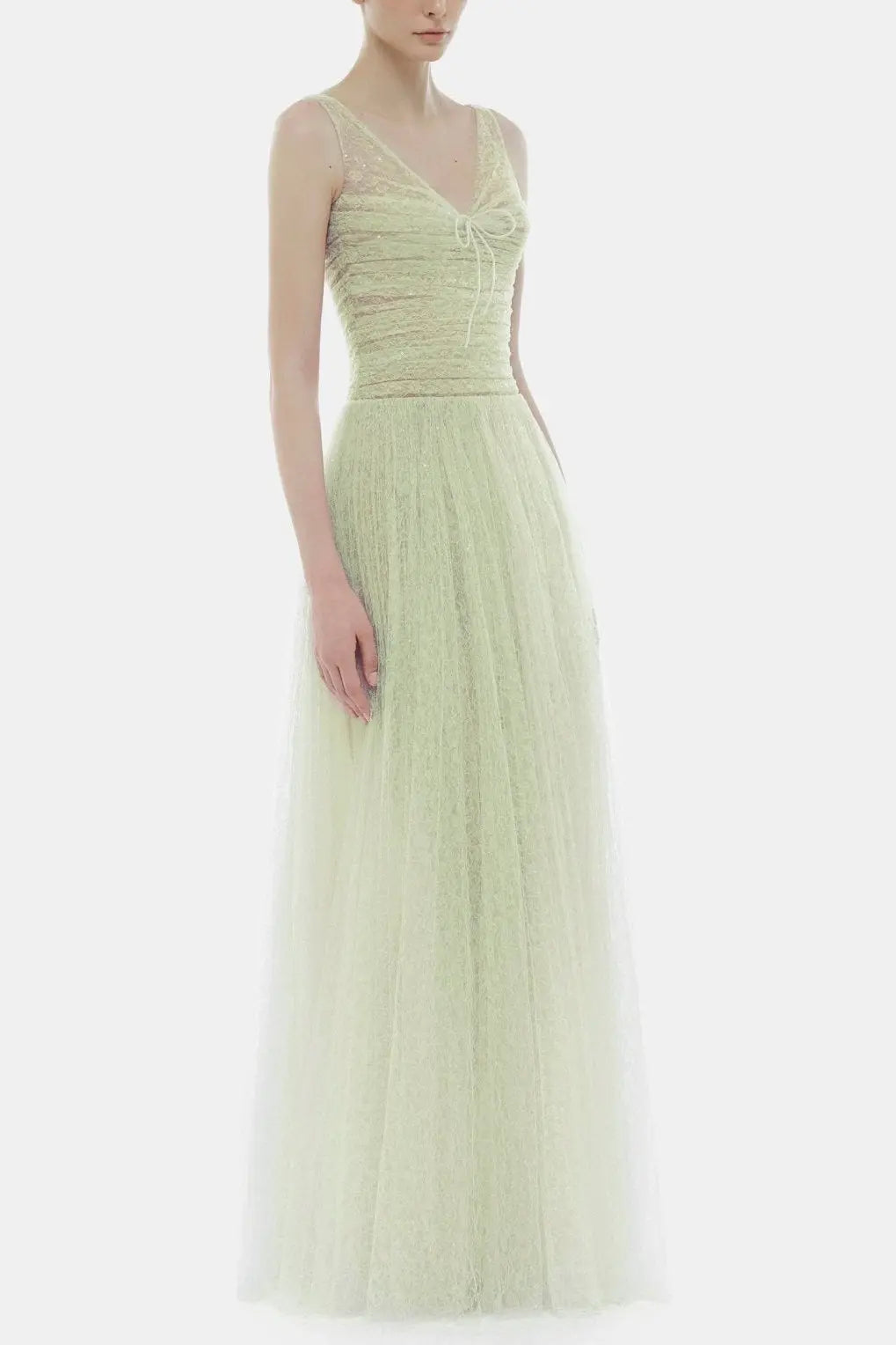 monica mint draped tulle fishbone maxi dress Avalabel