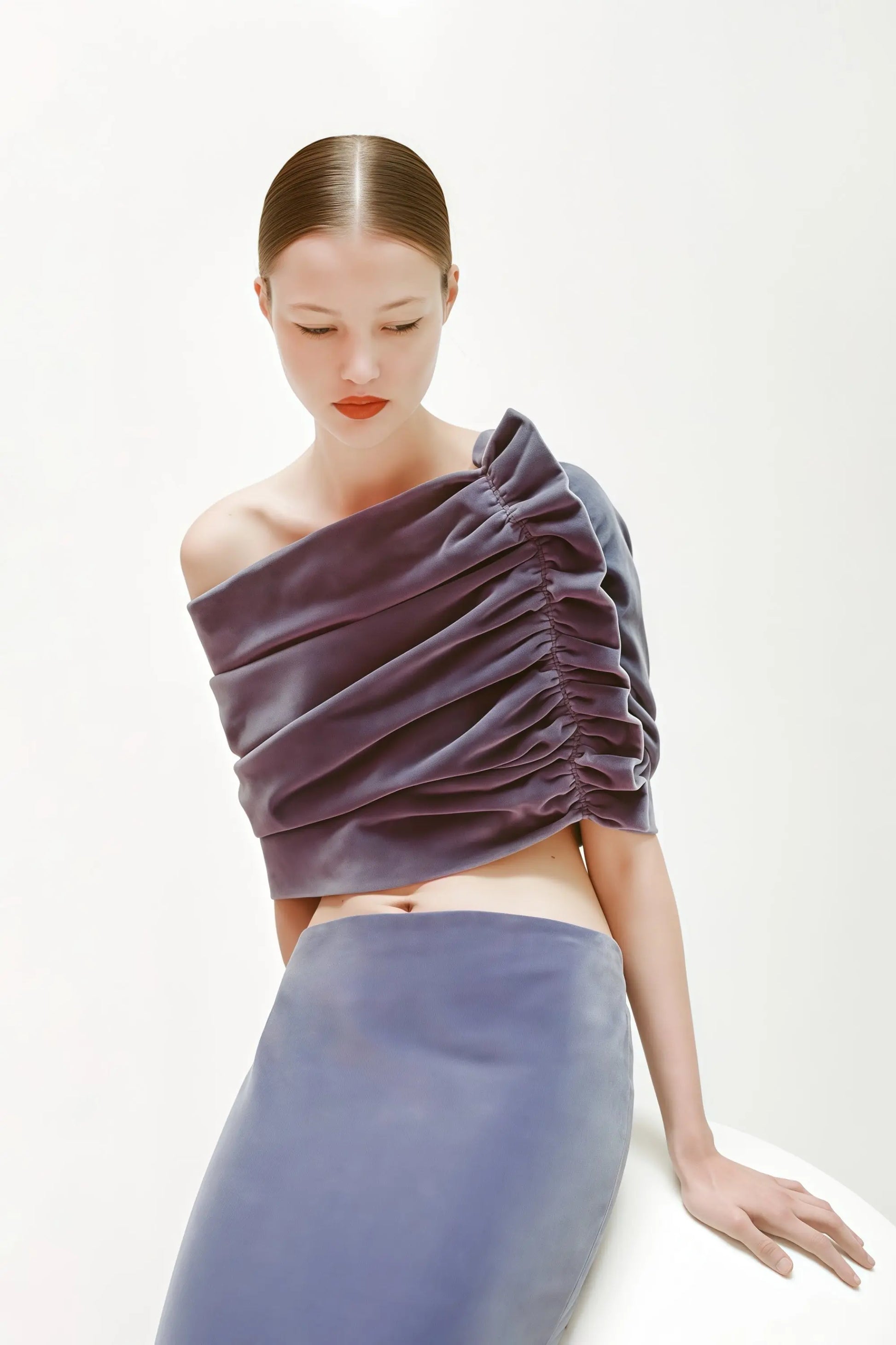 purple Asymmetrical cropped top velvet skirt two-piece set Avalabel