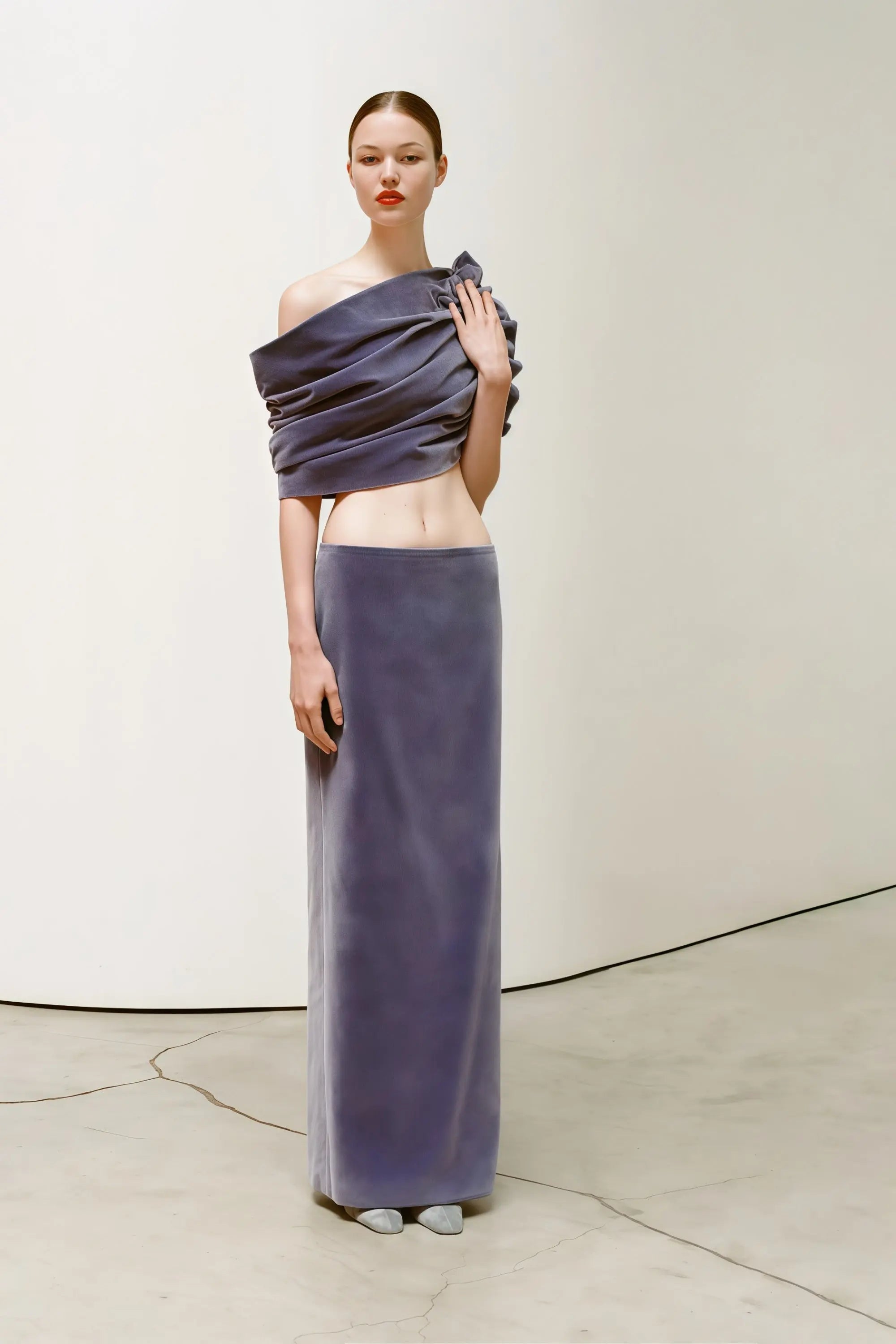 purple Asymmetrical cropped top velvet skirt two-piece set Avalabel