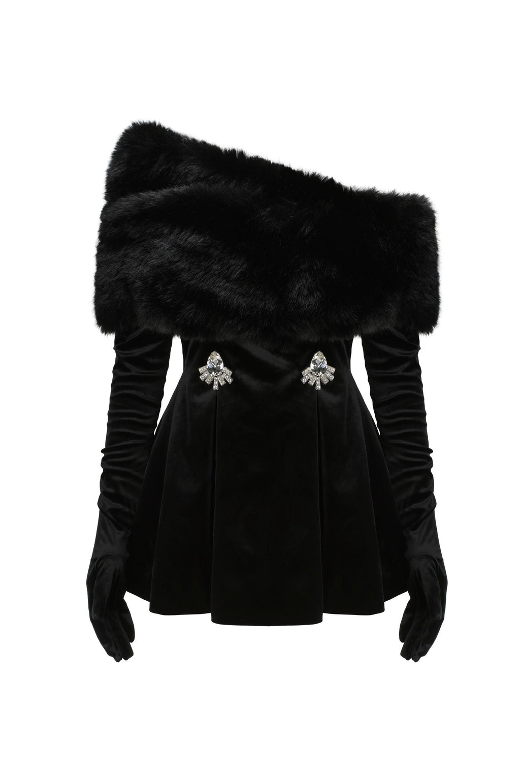 daphne long sleeve fur Velvet mini Dress in black Avalabel