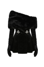 daphne long sleeve fur Velvet mini Dress in black Avalabel