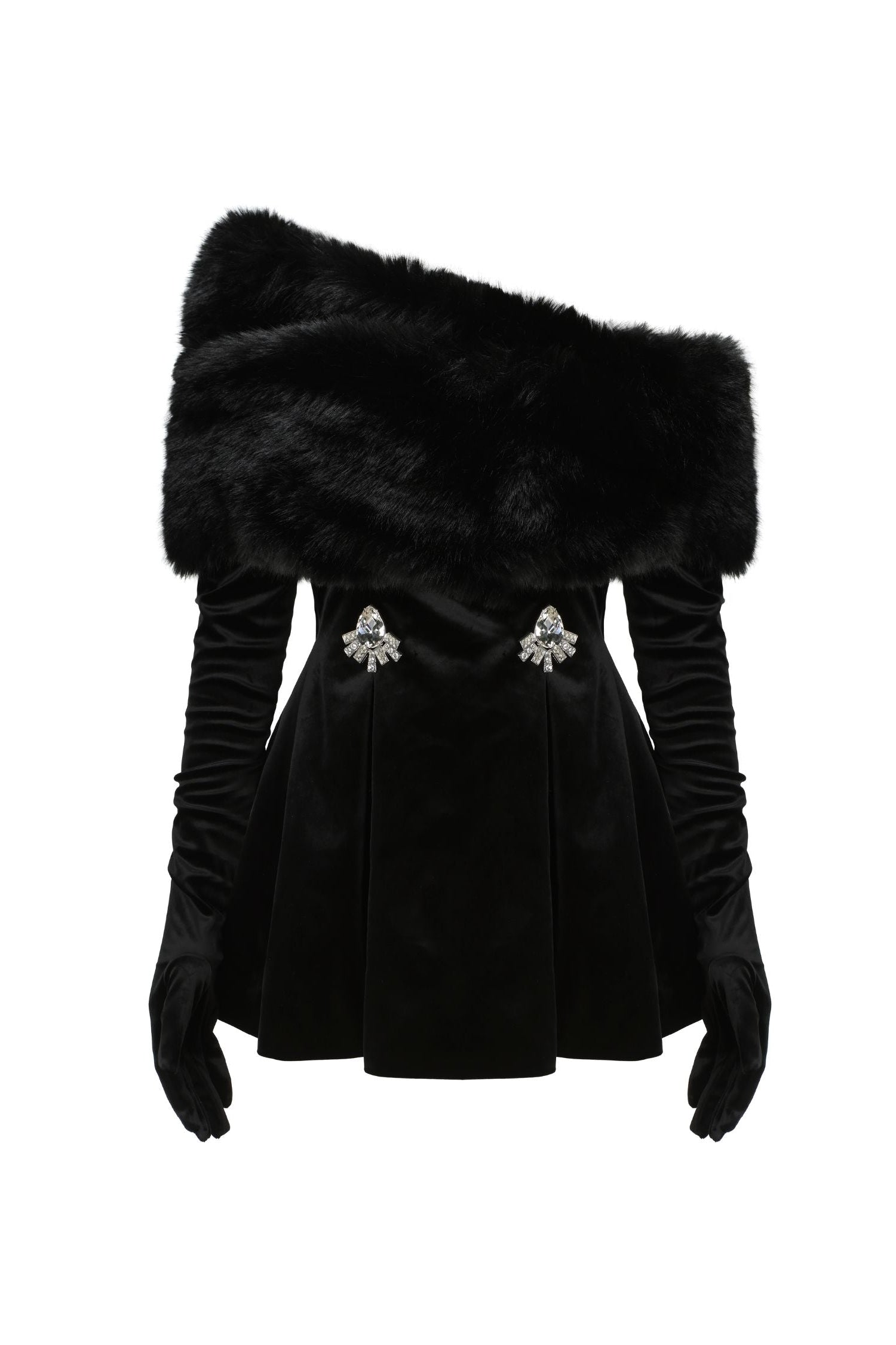daphne long sleeve fur Velvet mini Dress in black Avalabel