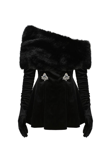 daphne long sleeve fur Velvet mini Dress in black