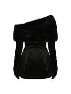 daphne long sleeve fur Velvet mini Dress in black Avalabel