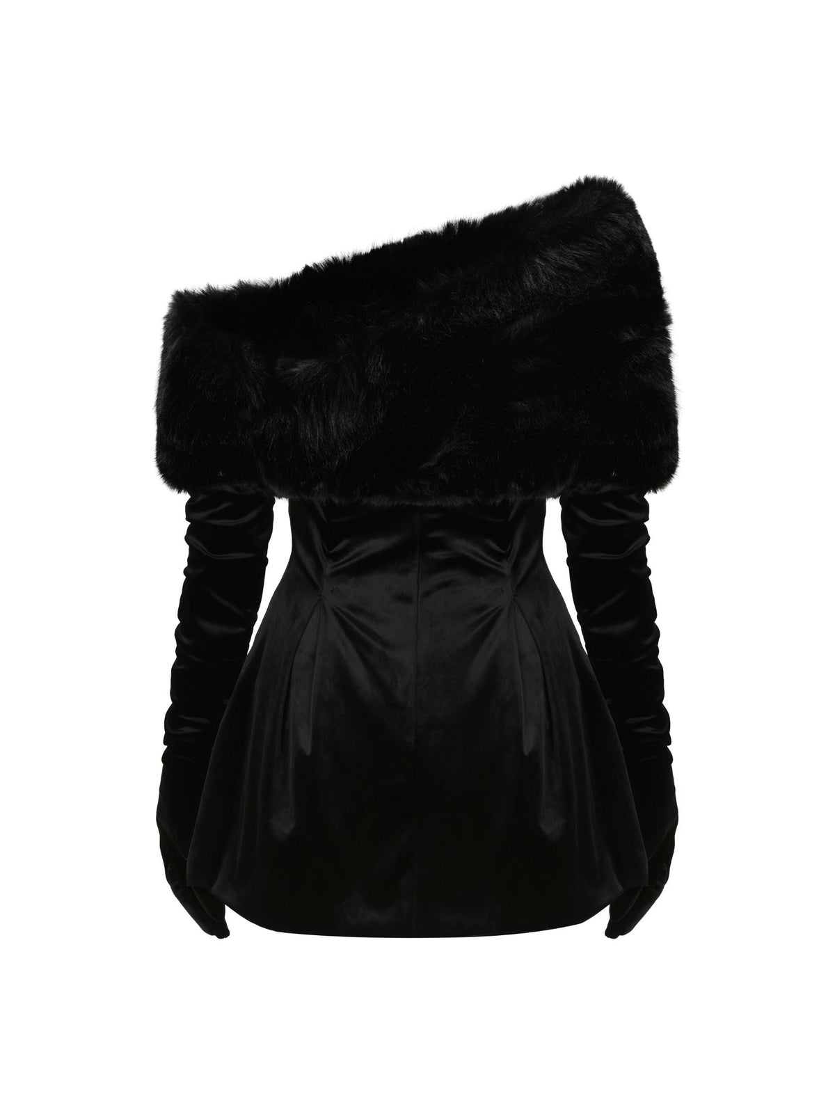 daphne long sleeve fur Velvet mini Dress in black Avalabel