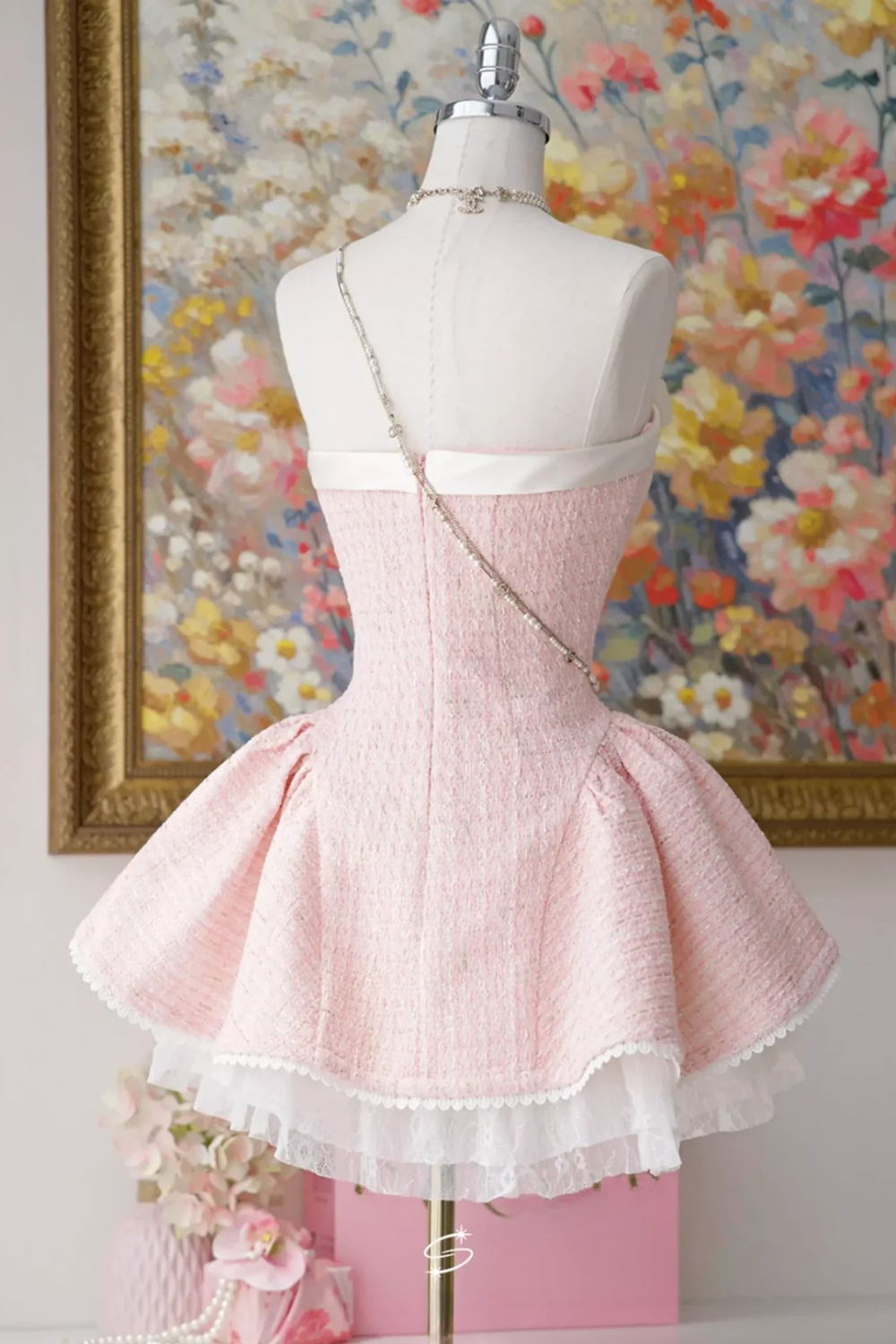 TWEED BOW MINI DRESS IN PINK Avalabel