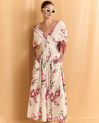 Sonya Pleated Floral Print Maxi Dress in White Avalabel
