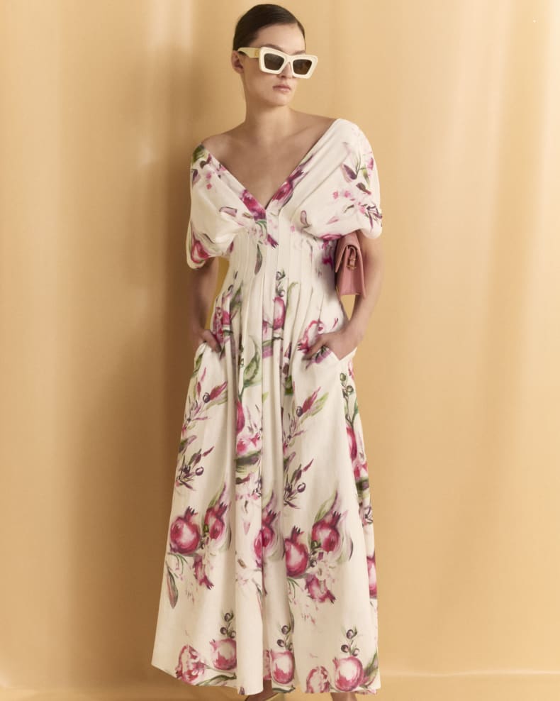 Sonya Pleated Floral Print Maxi Dress in White Avalabel