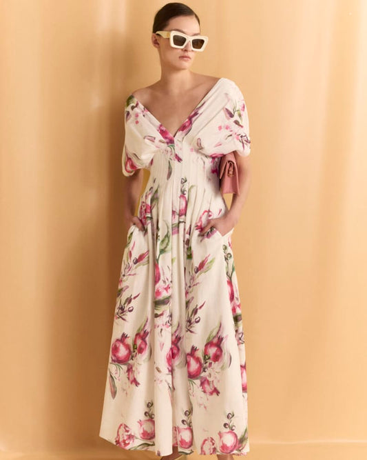 Sonya Pleated Floral Print Maxi Dress in White