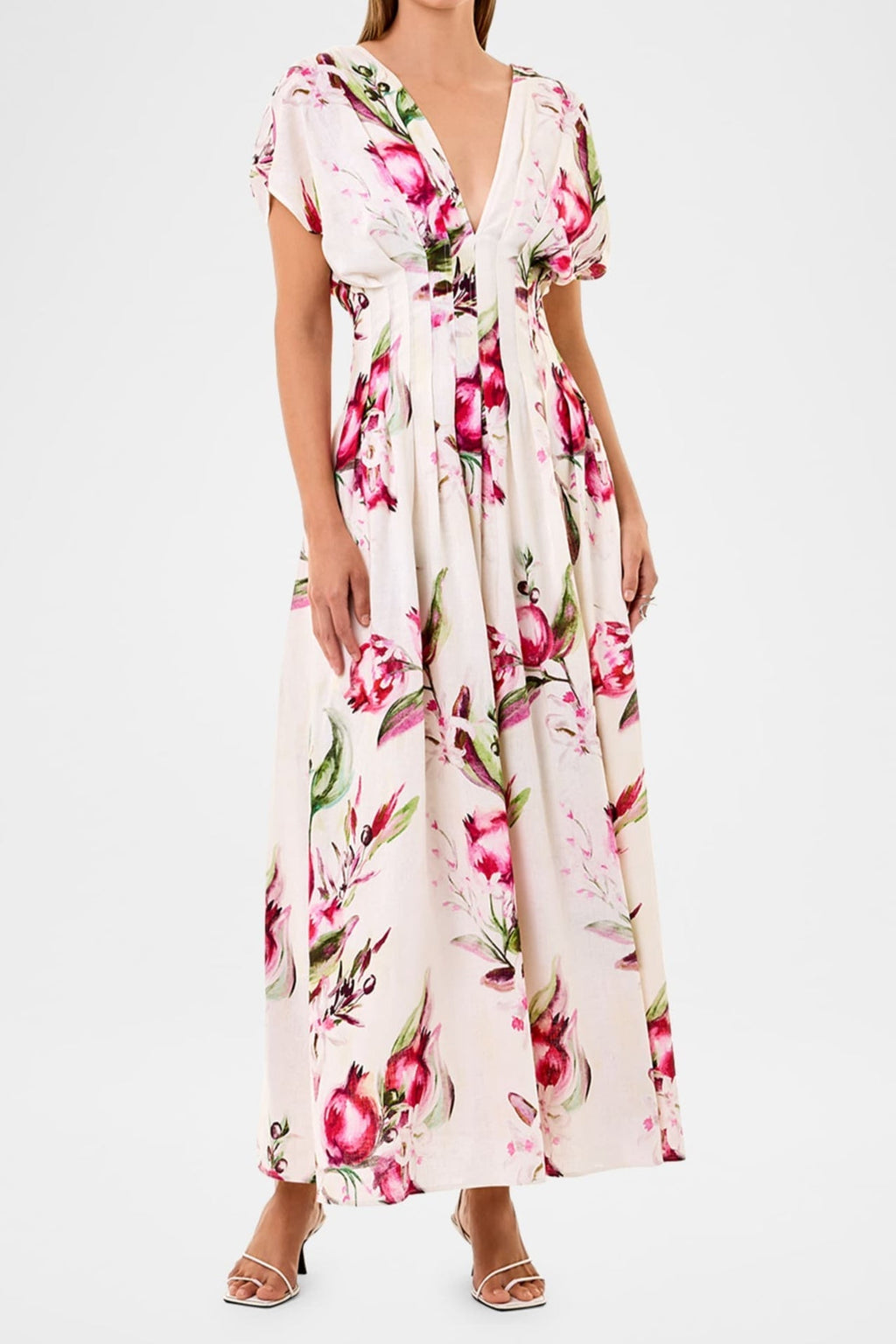 Sonya Pleated Floral Print Maxi Dress in White Avalabel
