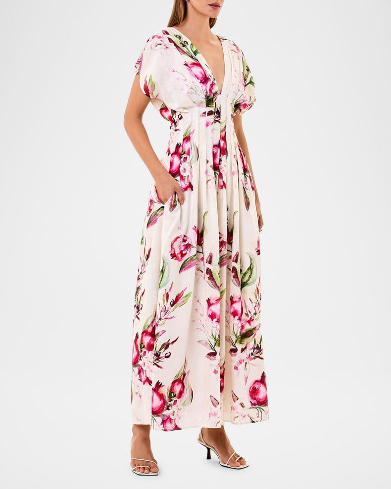 Sonya Pleated Floral Print Maxi Dress in White Avalabel