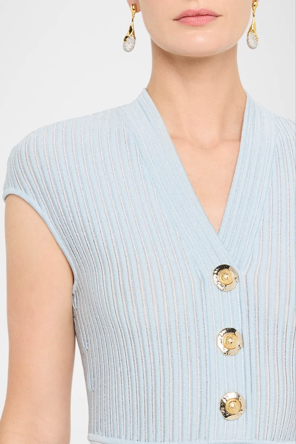 Short-Sleeve Flechage Knit Flare Mini Dress in Blue Avalabel