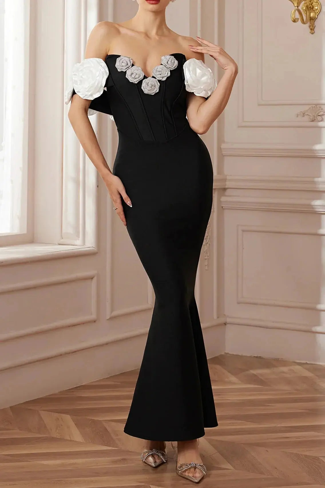 eleanore black Haute Ribbon-Corset White flower Maxi Dress Avalabel
