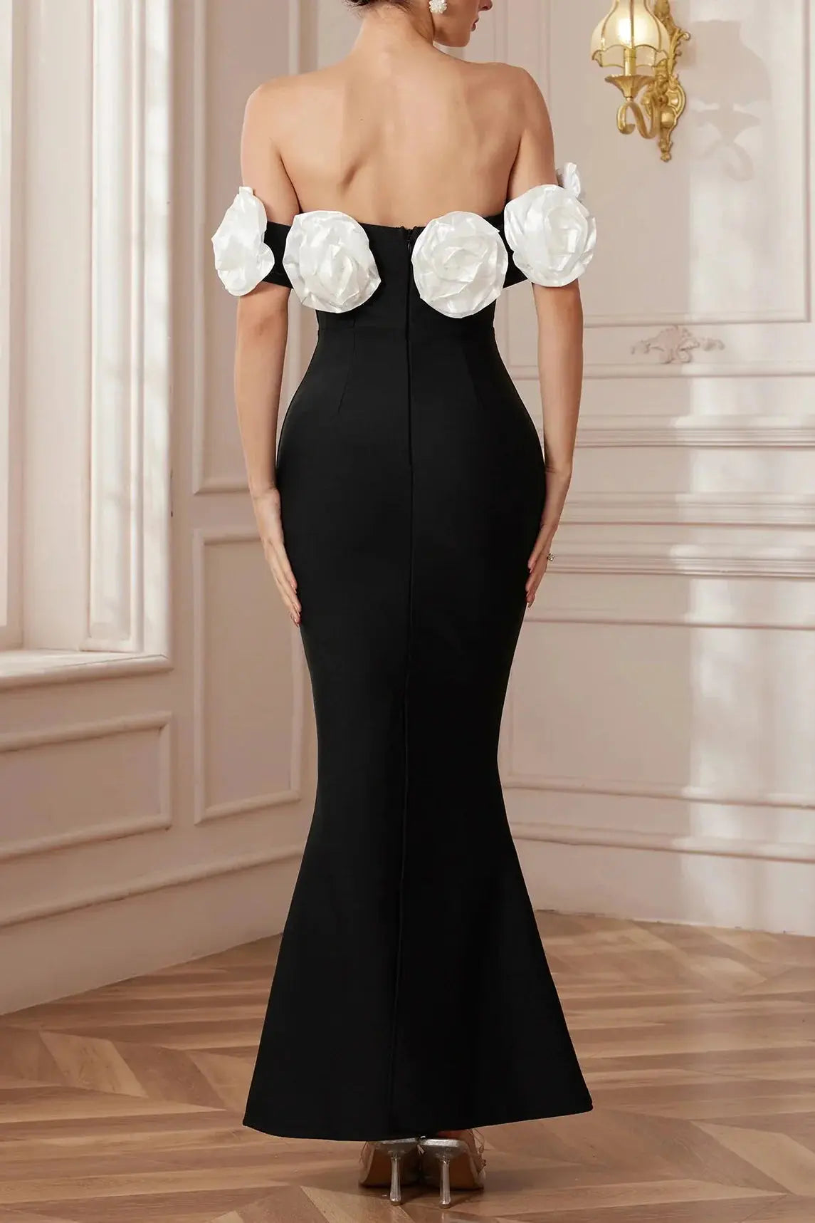 eleanore black Haute Ribbon-Corset White flower Maxi Dress Avalabel