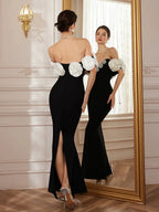 eleanore black Haute Ribbon-Corset White flower Maxi Dress Avalabel