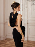 Ashley Metal-Buckle Halter Slim-Fit Maxi Dress in Black Avalabel