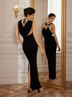 Ashley Metal-Buckle Halter Slim-Fit Maxi Dress in Black Avalabel