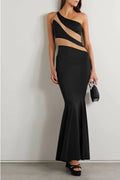 Snake One-Shoulder Mesh-Paneled Stretch-Jersey Gown Avalabel
