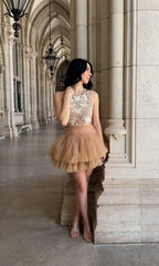 Ballerina |  Beige Tulle Mini Dress with 3D Applique Avalabel
