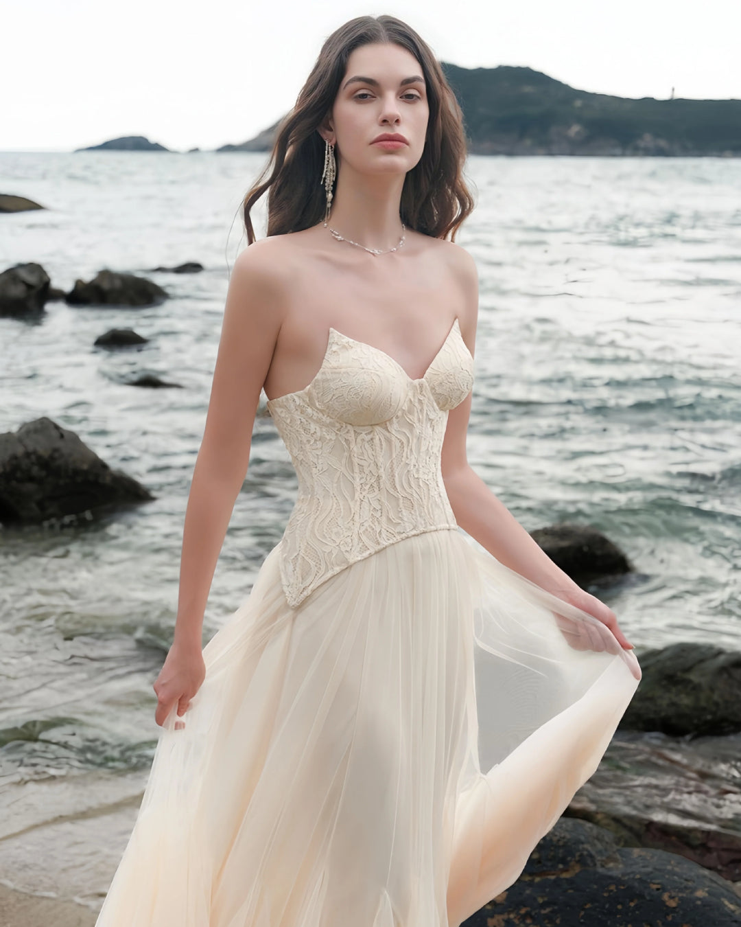 Tiffany Lace Corset Tulle Maxi Dress – Apricot Avalabel