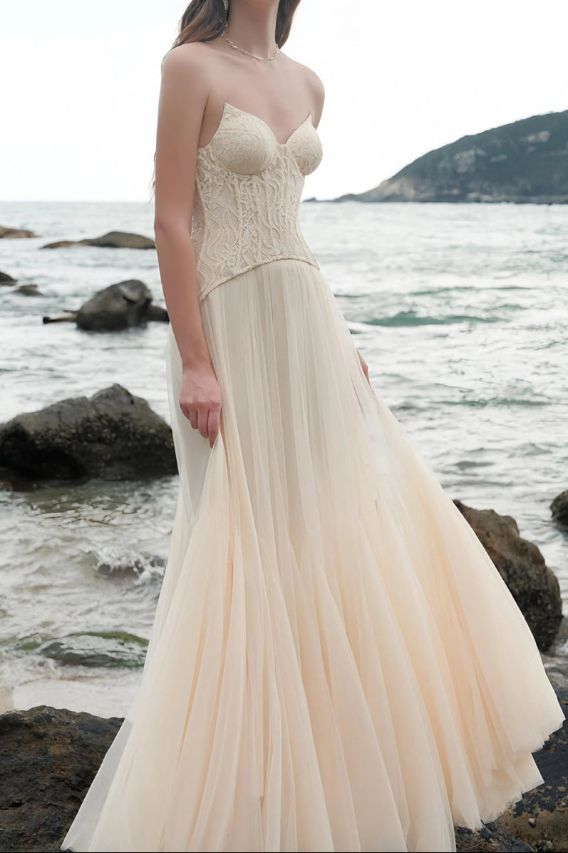 Tiffany Lace Corset Tulle Maxi Dress – Apricot Avalabel