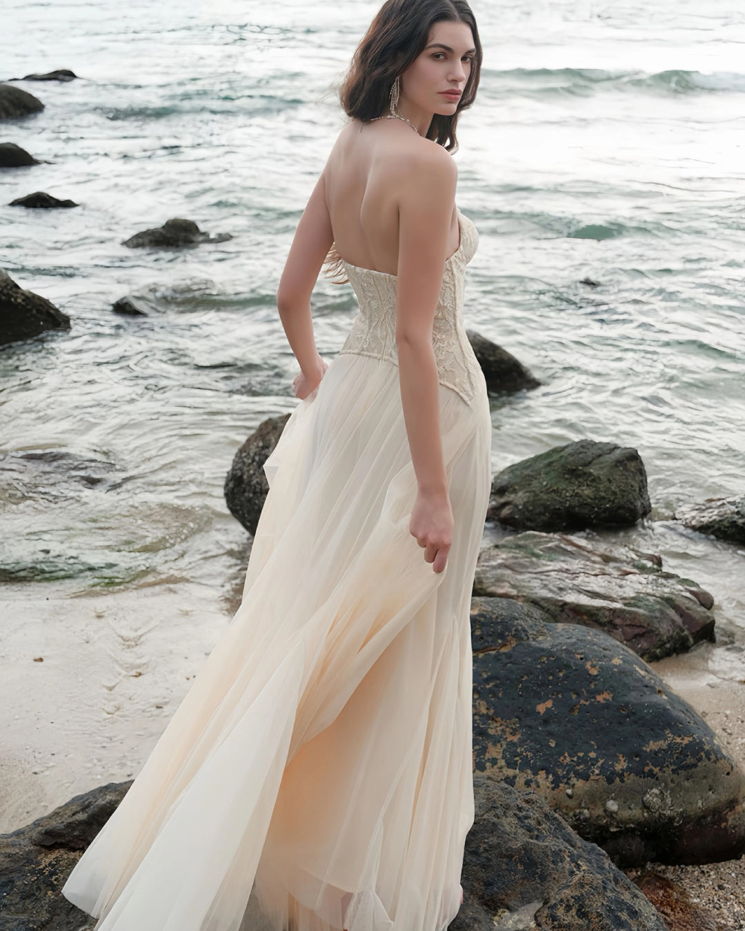 Tiffany Lace Corset Tulle Maxi Dress – Apricot Avalabel