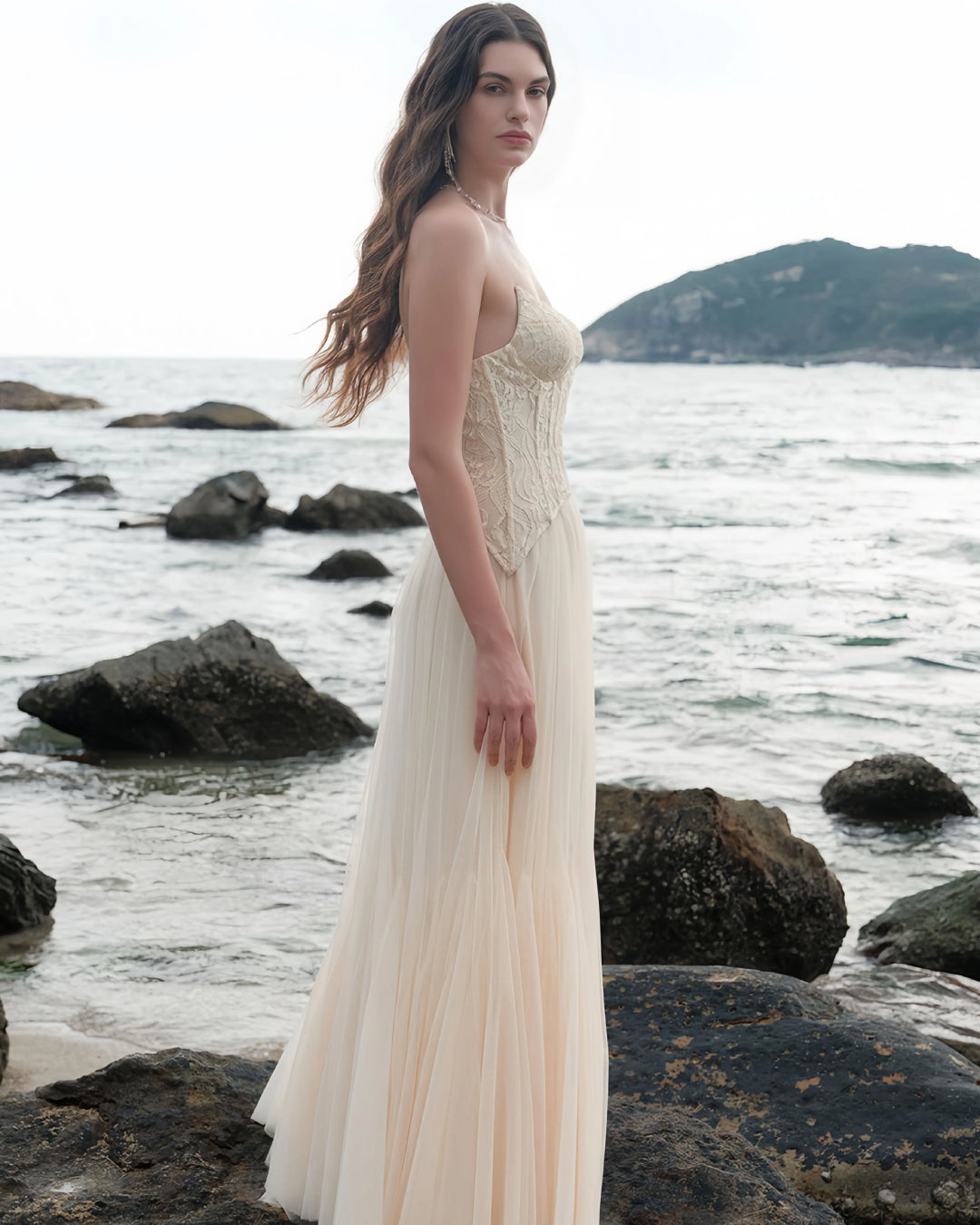 Tiffany Lace Corset Tulle Maxi Dress – Apricot Avalabel