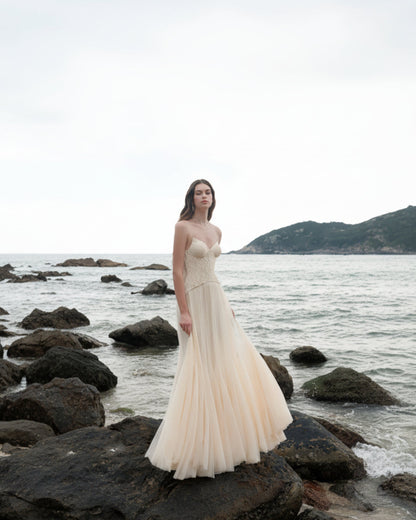 Tiffany Lace Corset Tulle Maxi Dress – Apricot
