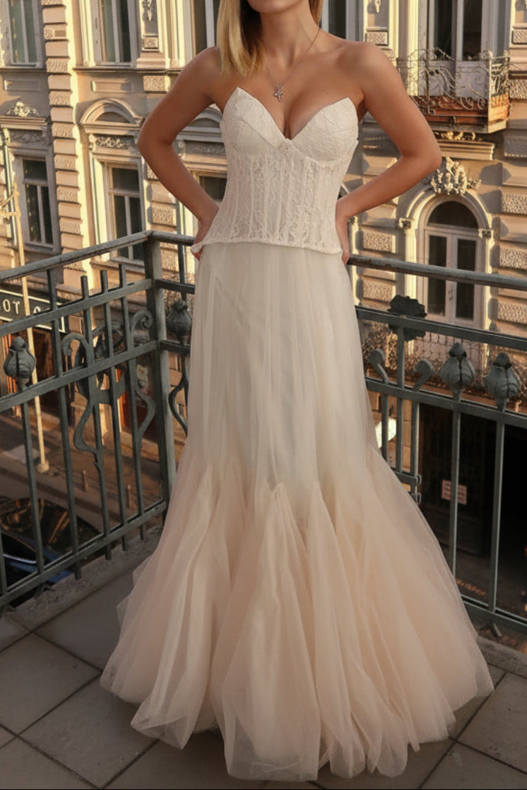 Tiffany Lace Corset Tulle Maxi Dress – Apricot Avalabel