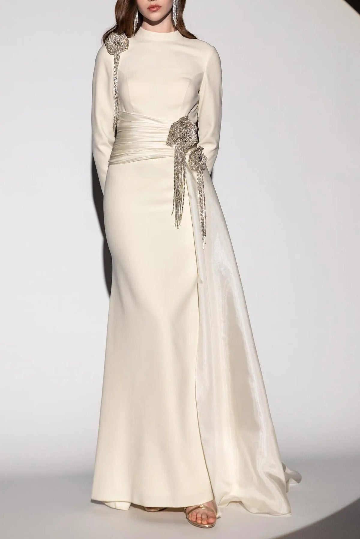 crystal flower Long-sleeve lace pleated maxi dress in apricot Avalabel