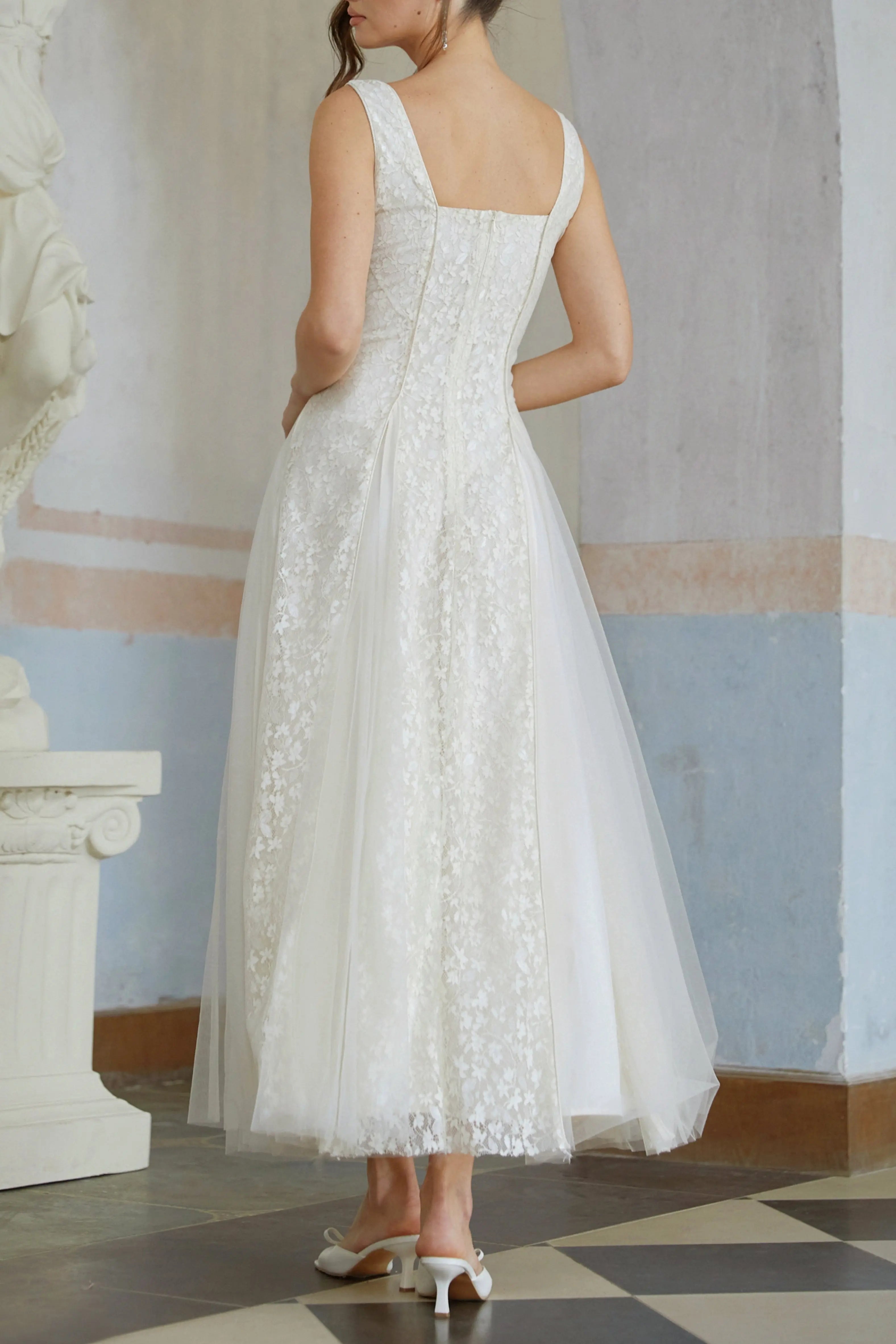 jessica Neutral Tulle Panel Lace Maxi Dress in white Avalabel